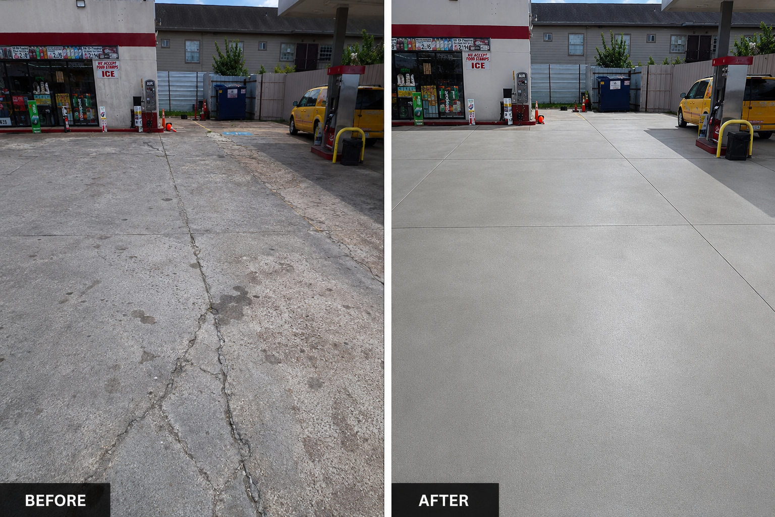 Before and after views of Miroun's gas station concrete restoration project in Houston
